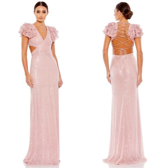 Mac Duggal Sequined Ruffled Cutout Lace Up Rose Pink Maxi Gown Sz 8 - Picture 1 of 14